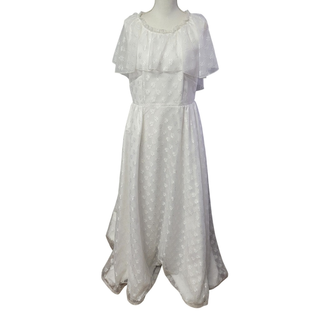 Vintage Unbranded White Floral Lace Cape Overlay Wedding Gown Maxi Dress Large